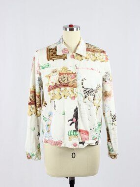 Vintage 00's FENINI White Cat Print Rhinestone Cotton Twill Jacket, Size S